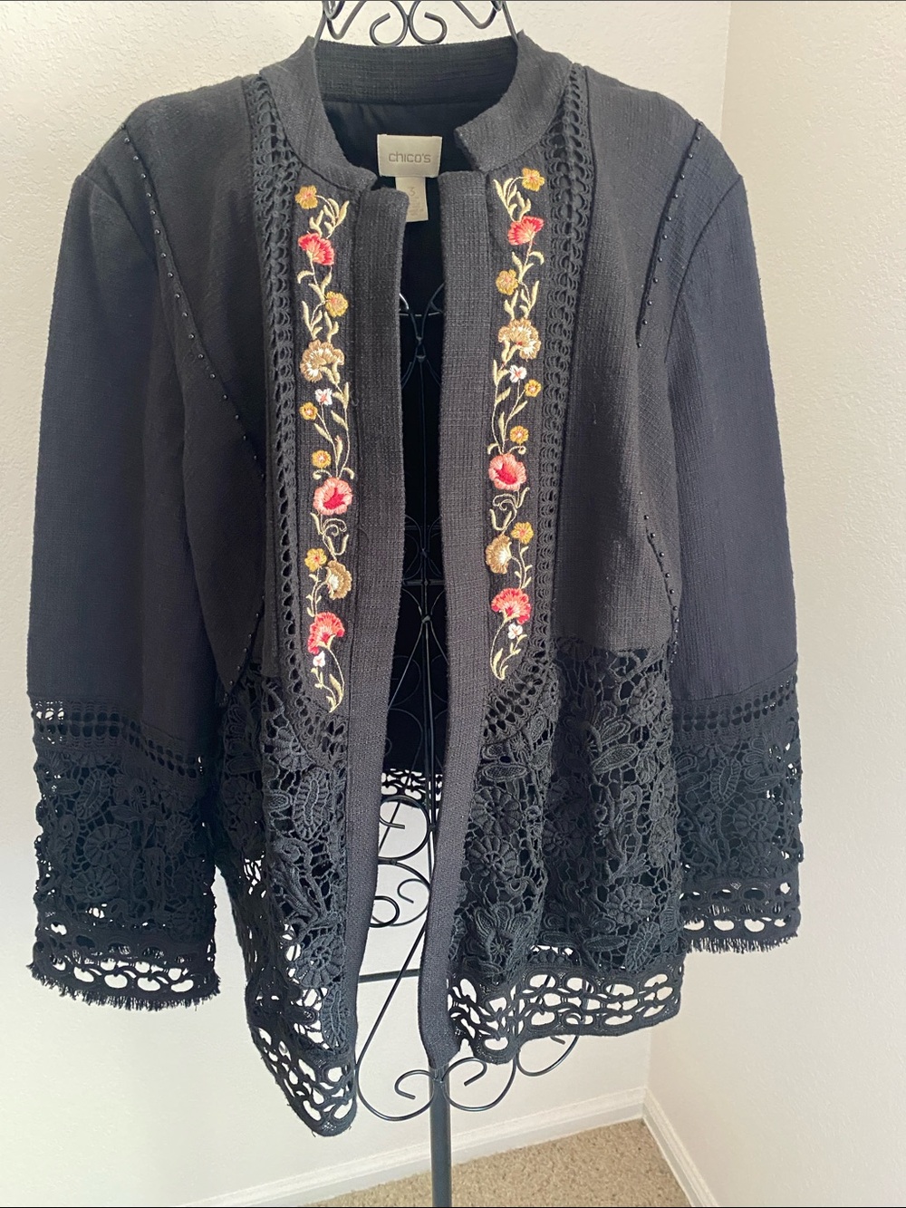 Chico's Black Crochet-Trim Jacket with Floral Embroidery